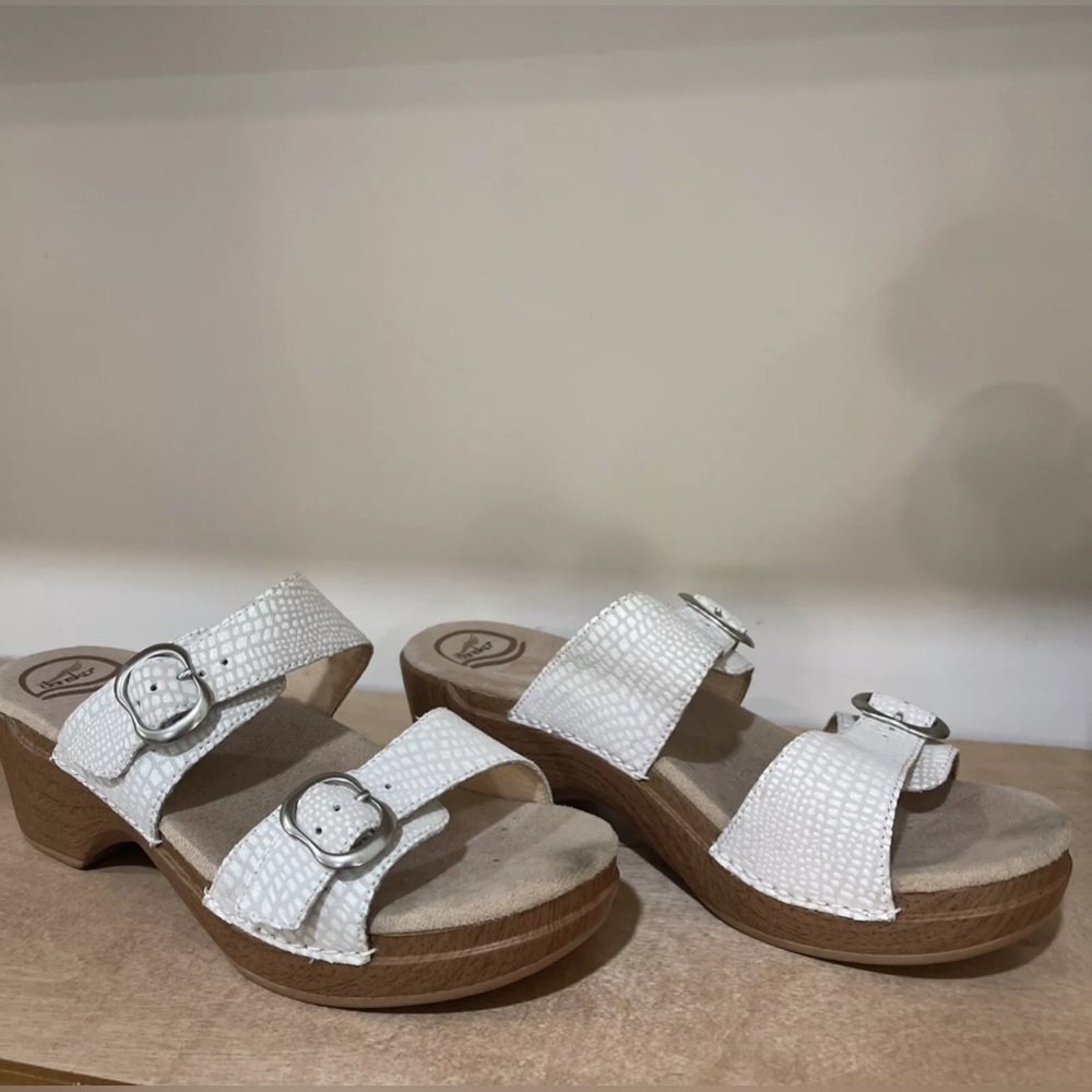 Dansko Sophie Slides Sandals White Double Strap Buckle Low Wedge Women EU 40